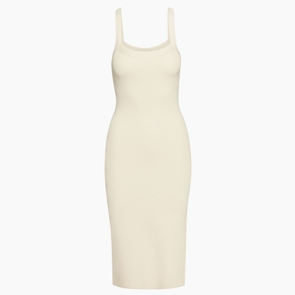 New Babaton Chase Ribbed Stretch Cream Midi Bodycon Knit Dress with Side Slit - Picture 5 of 13